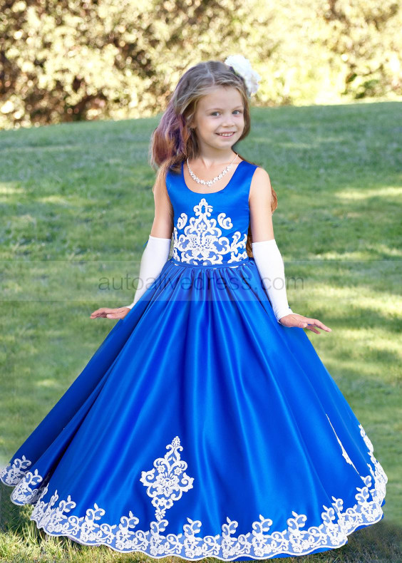 Royal Blue Satin White Lace Appliques Flower Girl Dress Royal Blue Satin White Lace Appliques Flower Girl Dress